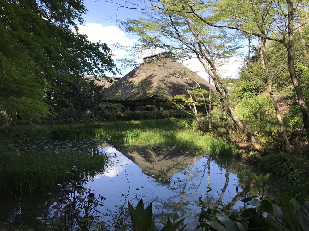 Spiegelung des Koutoku-ji in einem kleinen Teich.