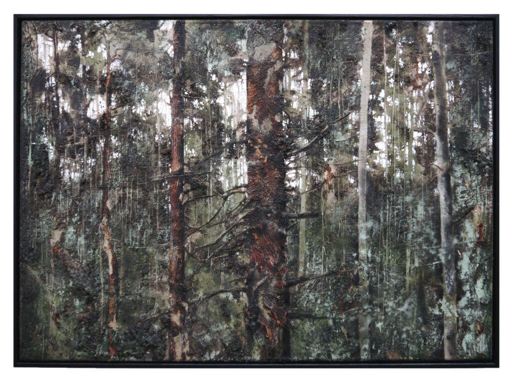 Durchforstete Lichtung, Öl. Asche, Pflanzenteile, Erden, Ruß und Eisenoxid auf Leinwand, 50 x 70 cm, 2022